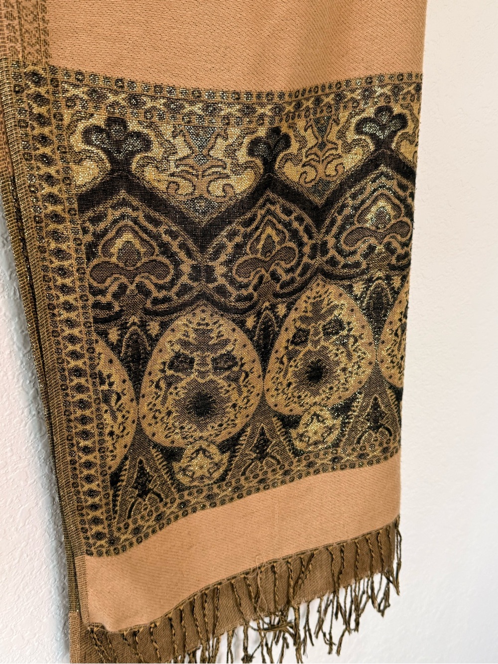 Camel Brown and Gold Paisley Fringe Shawl Scarf - Picture 3 of 6
